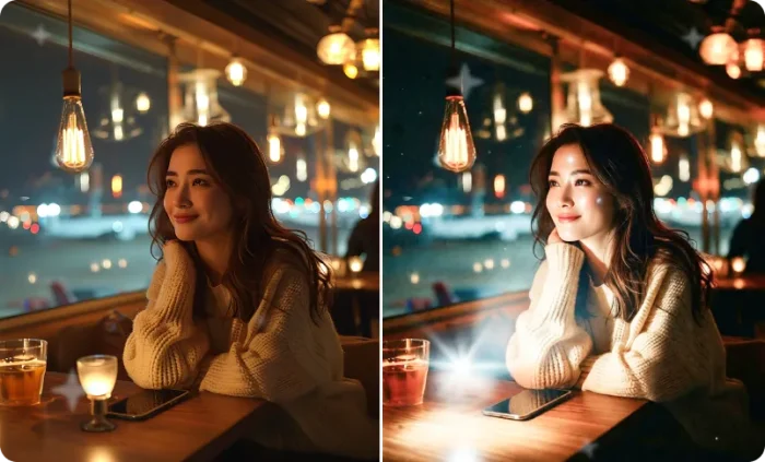 Before and after restaurant photo with compact flash, shiny highlights, and dim ambient background.