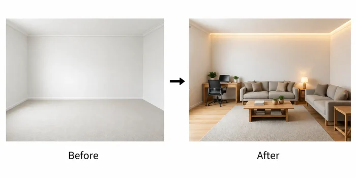 AI studio apartment design with separate sleeping, working, and living areas in Japandi style.