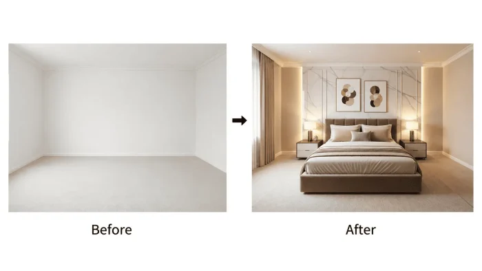 AI bedroom redesign in modern luxury style with neutral tones, soft lighting, and elegant textures