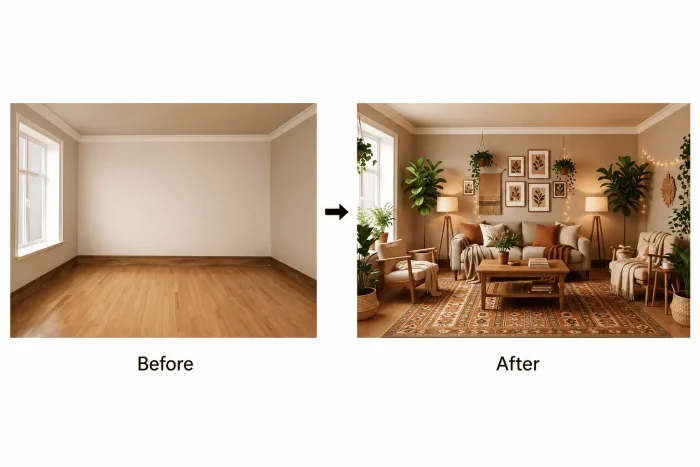 AI living room styled in cozy bohemian theme with warm tones, plants, and relaxed seating.