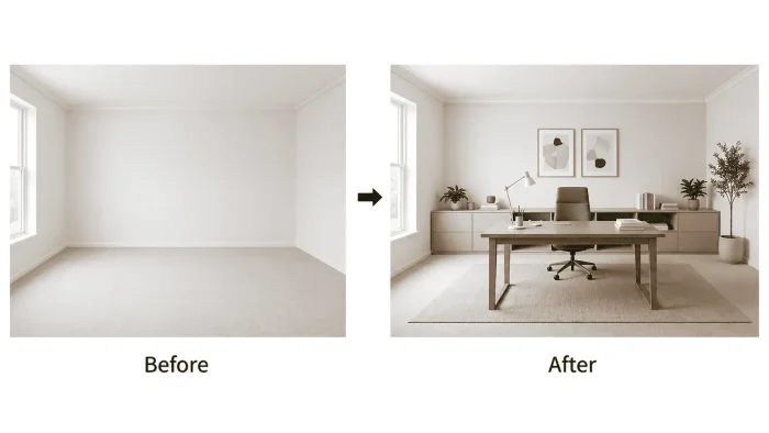 AI home office setup with minimal design, clean desk, natural lighting, and clutter-free layout.