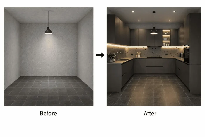 AI kitchen redesign with modern cabinets, sleek finishes, and functional layout