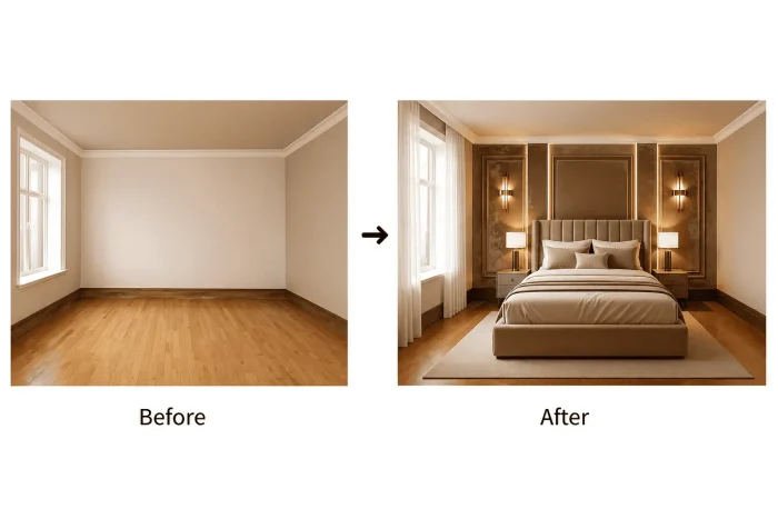 AI small room makeover with Scandinavian design, light colors, minimal furniture, and space-saving layout.