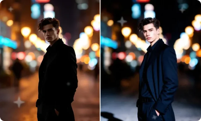 Before and after city street photo with harsh early-2000s direct flash, bright highlights, and vintage digicam look