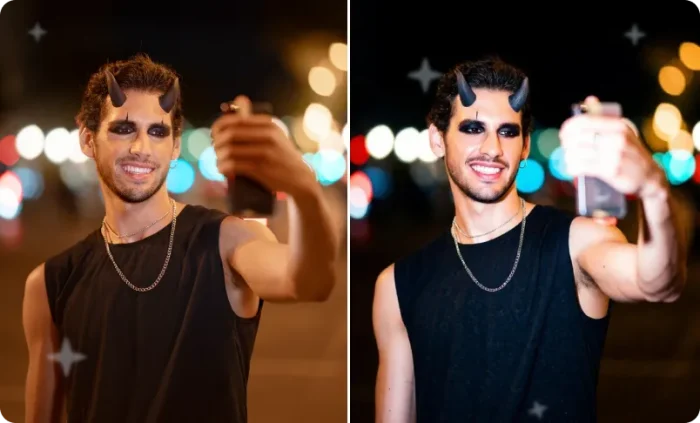 Before and after alley photo with point-and-shoot flash, bright subject, and strong wall shadow.