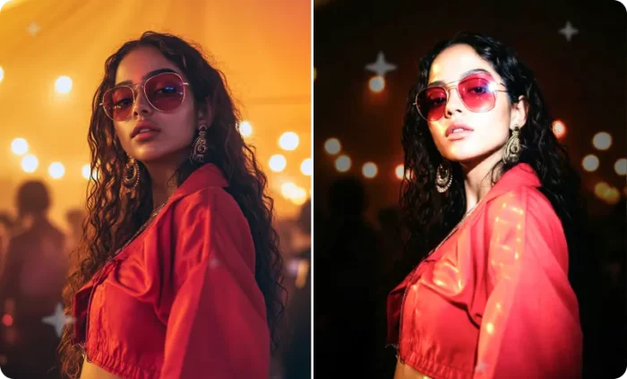 Before and after concert photo with strong flash, grainy texture, and dark crowd background.