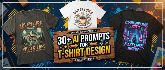 A collage of three t-shirts surrounding a sign reading 30+ AI Prompts for T-Shirt Design.