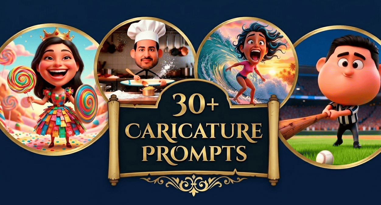Creative layout of four caricature figures with central 30+ caricature prompts text.