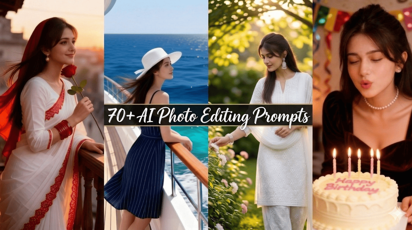 Cinematic 18-portrait AI collage banner with "70 + AI Photo Editing Prompts for Girls" text.