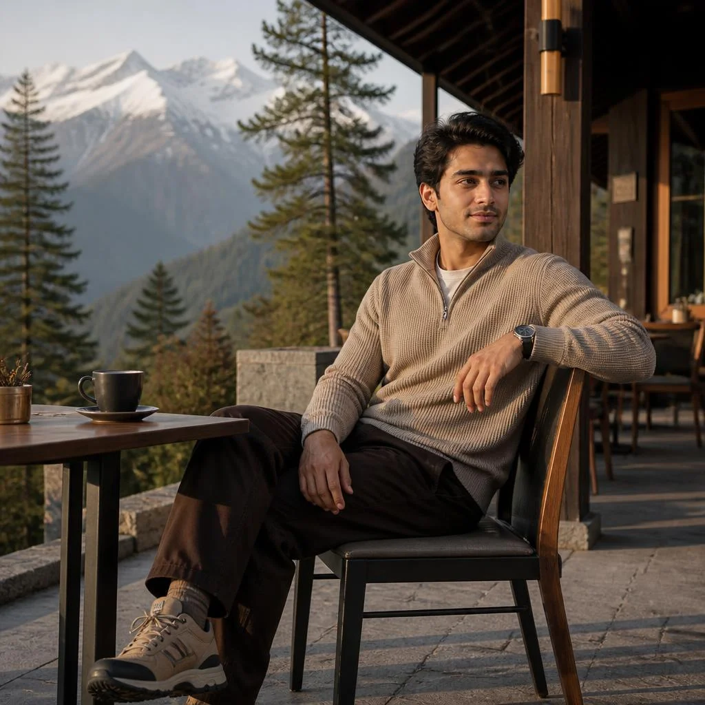 A young man sitting outside a modern mountain café surrounded by pine trees and distant snow-covered peaks, wearing a textured beige sweater, dark brown trousers and hiking-inspired sneakers, relaxed posture with one arm resting on the chair, looking toward the mountains, morning sunlight filtering through trees, cozy luxury travel aesthetic, cinematic natural-light photography, realistic details, soft background separation, 50mm lens.