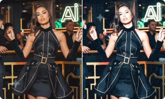 Before and after nightclub shot with strong frontal flash, overexposed highlights, and dark background contrast.