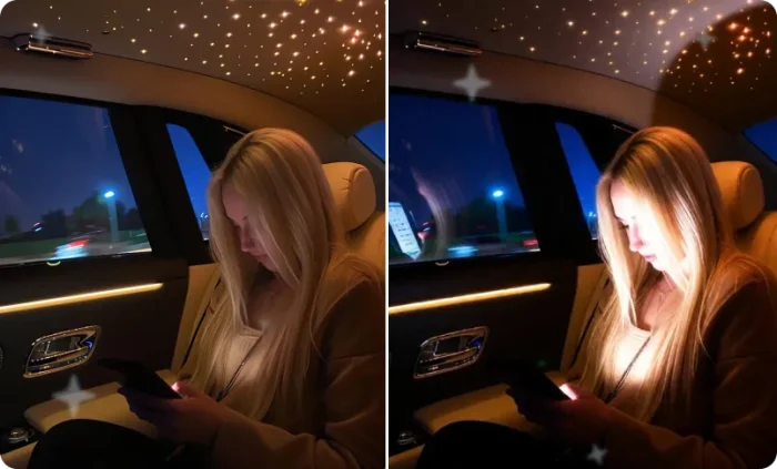 Before and after car photo with direct flash, bright foreground, and dark interior contrast.