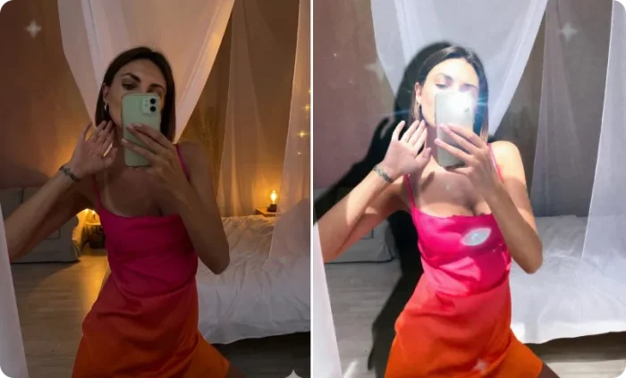 Before and after mirror selfie with harsh front flash, bright face illumination, and visible shadow.