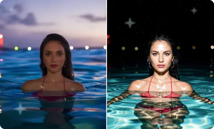 Before and after night beach or pool photo with harsh flash, glossy skin, and reflective water glow.