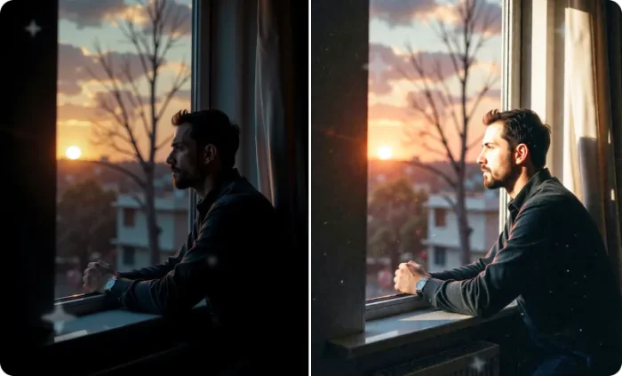 Before and after indoor night photo with harsh flash, flat lighting, and nostalgic digicam style.