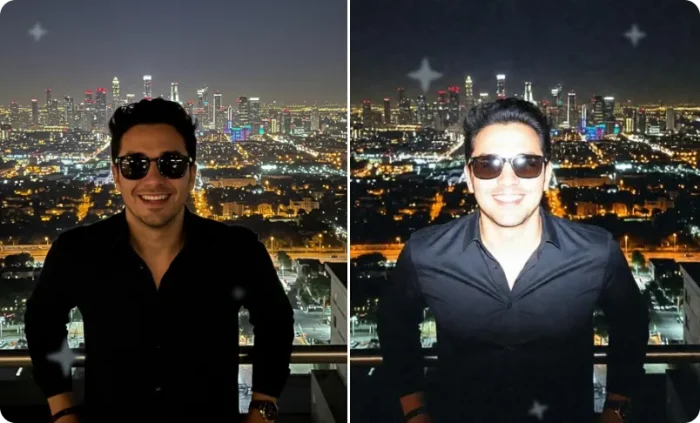 Before and after rooftop photo with intense direct flash, washed highlights, and dark surroundings.