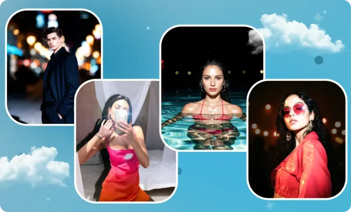 Portraits showing Instagram flash filter effect with harsh direct flash and dark background