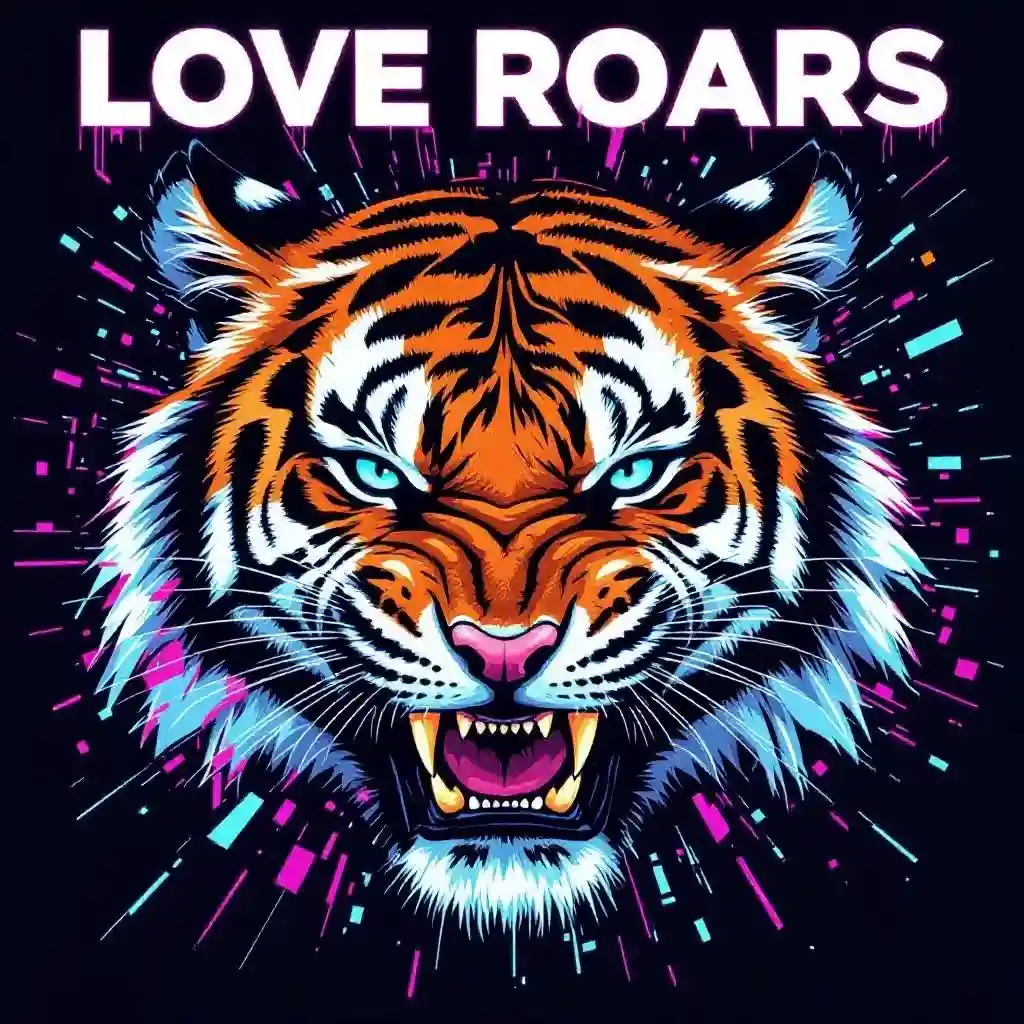 Roaring tiger with glitch typography urban streetwear design.