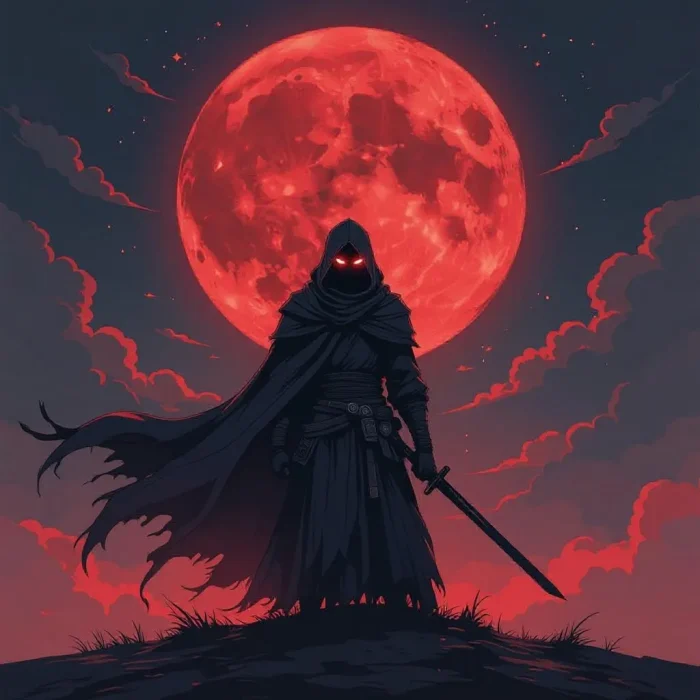Dark anime warrior under red moon design.