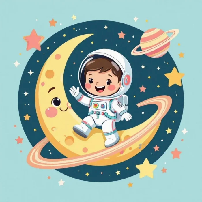 Happy astronaut waving on the moon kids design.