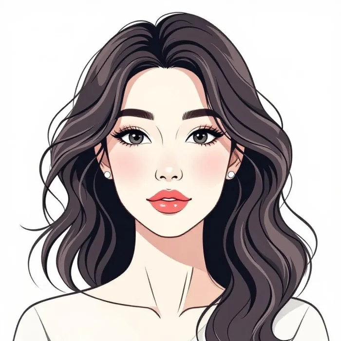 Minimal line art female face with flowing hair and elegant style.
