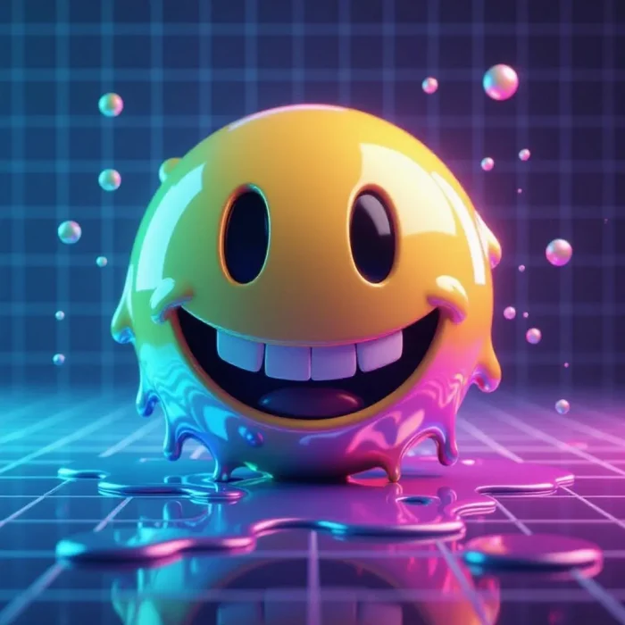 3D chrome smiley glitch Y2K design.