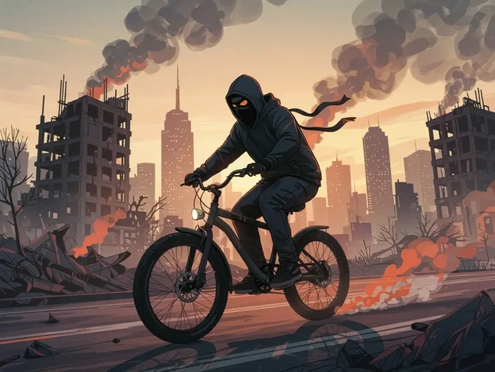 Masked biker in dystopian city streetwear t-shirt graphic.
