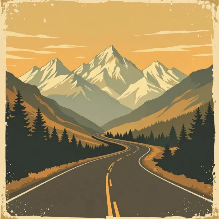 Mountain travel poster style vintage design.