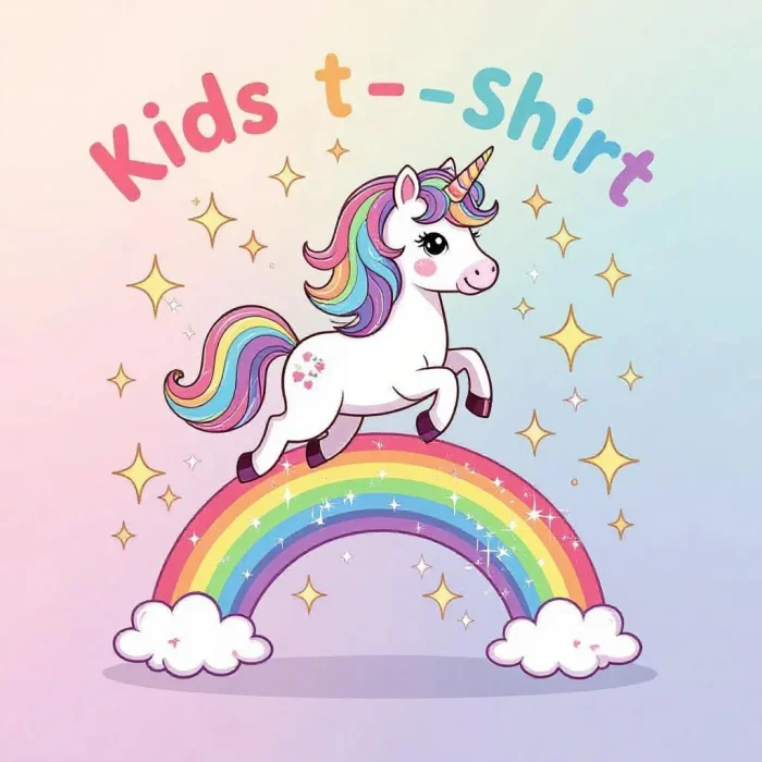 Unicorn jumping over rainbow with sparkles, kids' artwork.
