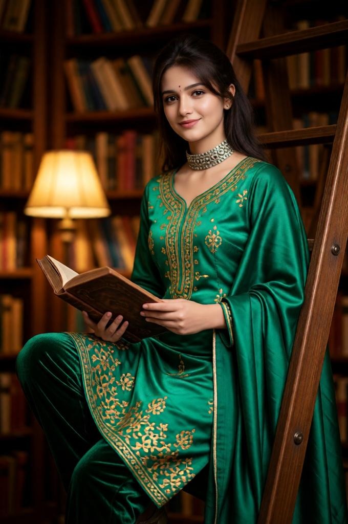 A woman in an emerald kurti is sitting on a library ladder holding a book.