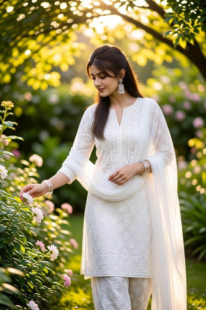 A woman in a white outfit walking through a sunlit garden with flowers.