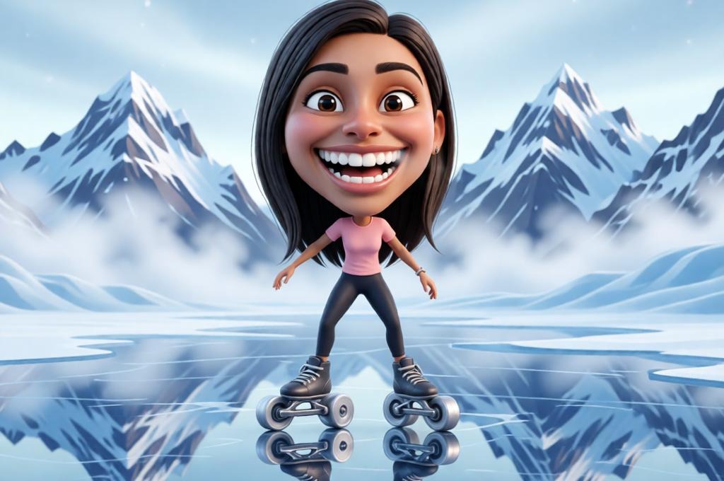 Female skater gliding on ice with big blades.