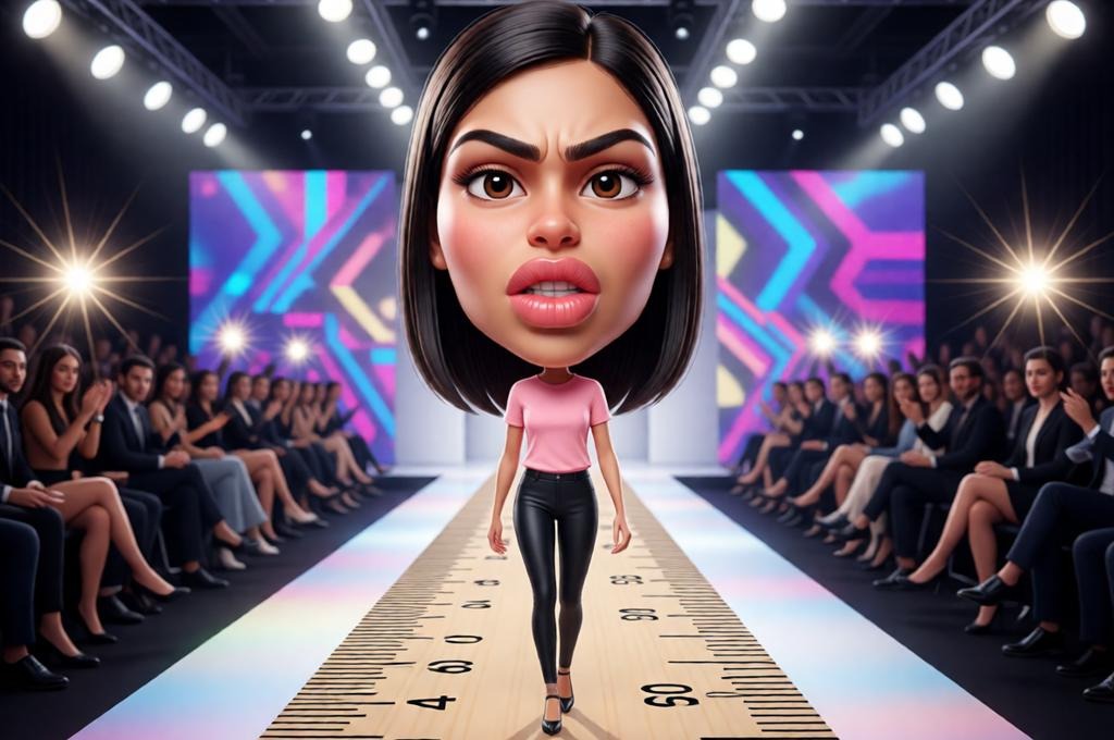 Female model posing on the runway with camera flashes.