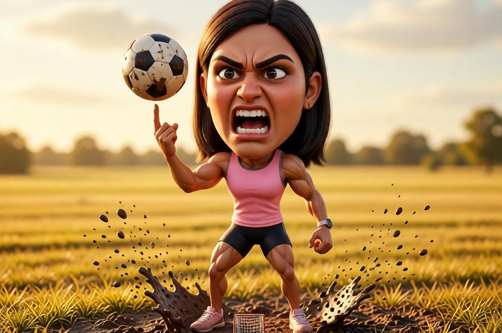 A female athlete balancing a ball on a finger in the field.