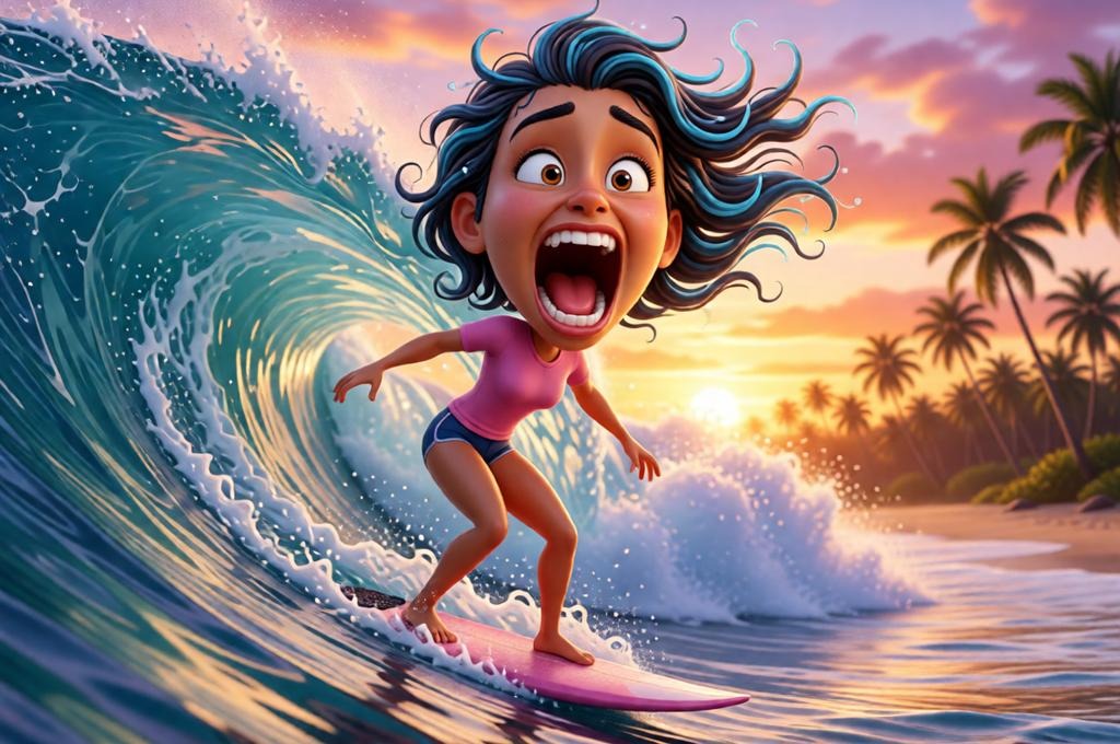 Female surfer riding waves on a tiny surfboard.