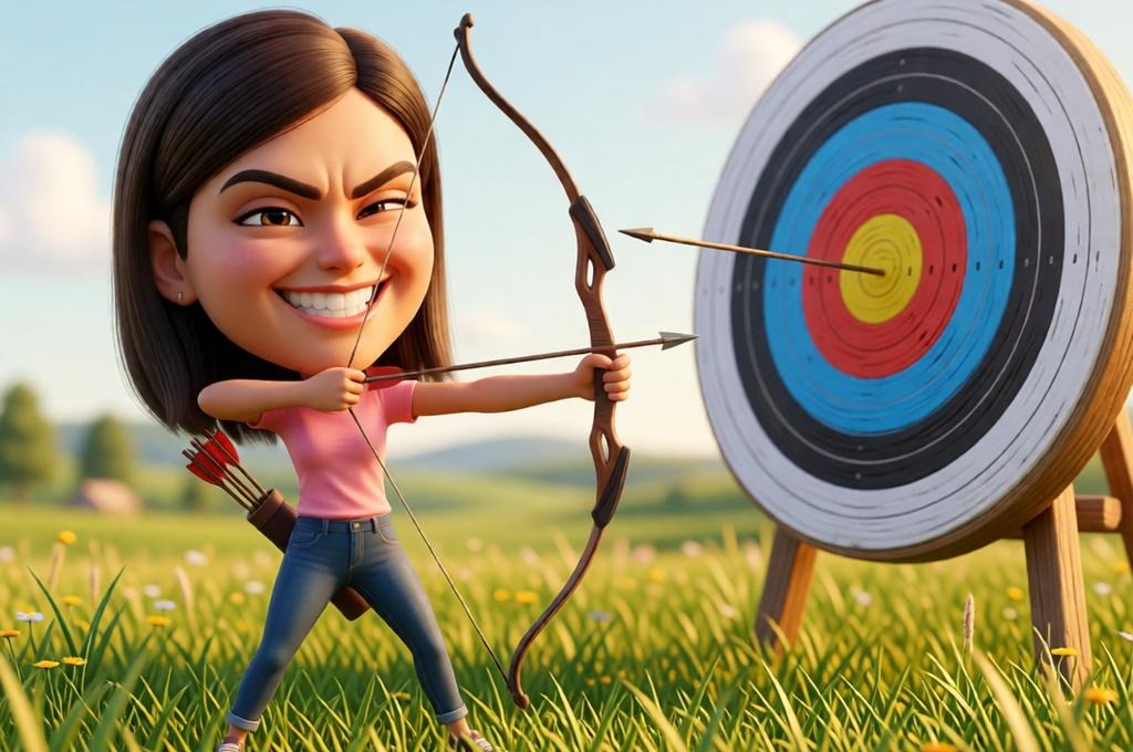 Female archer aiming a large bow at a target in a meadow.