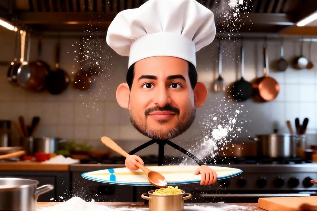 Male chef caricature with a giant head cooking in a messy kitchen.