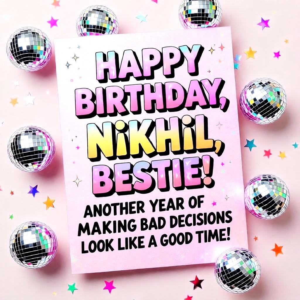 a high-energy greeting card with disco balls & sparkles for best friend. 