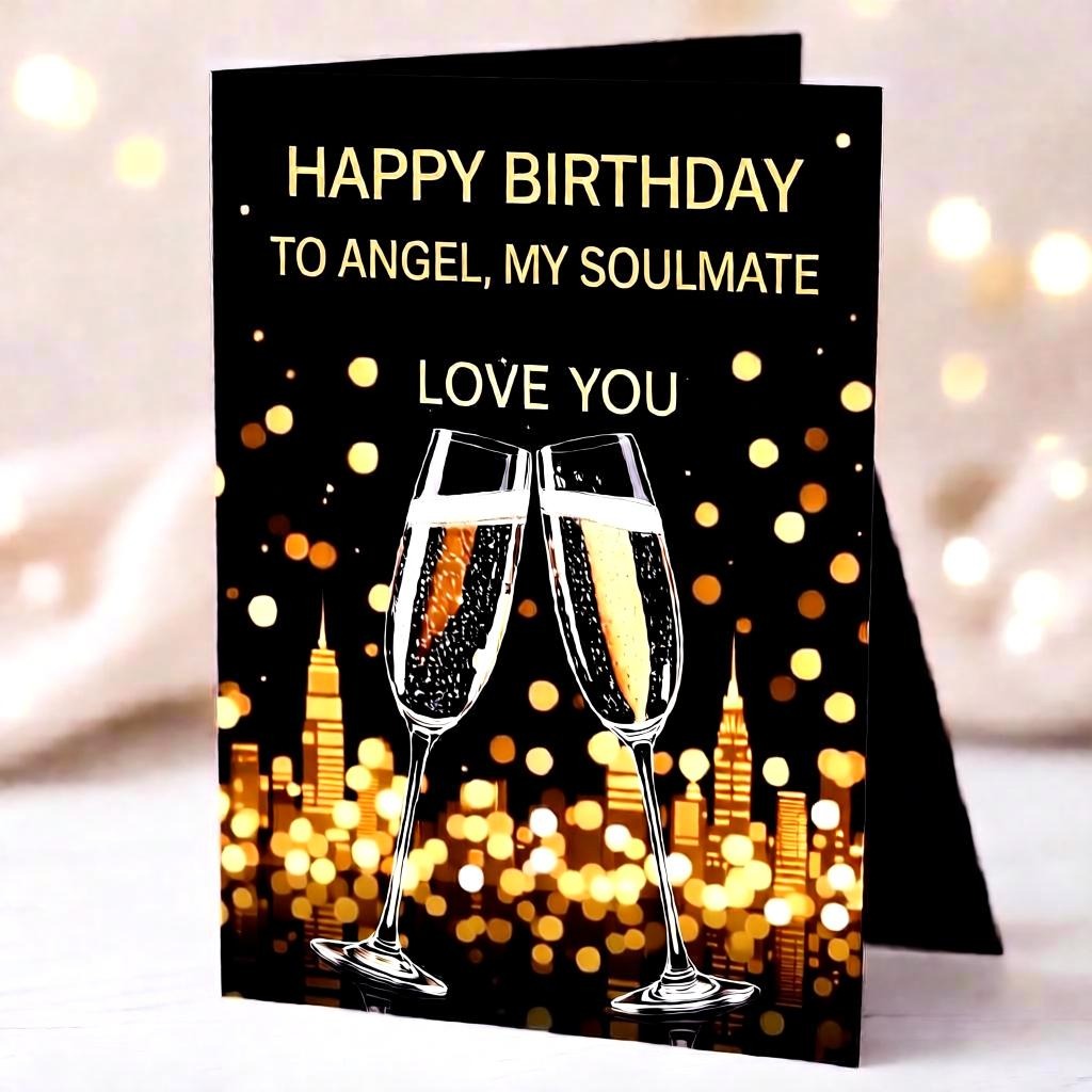 a couple greeting card with a black background & champagne glasses.