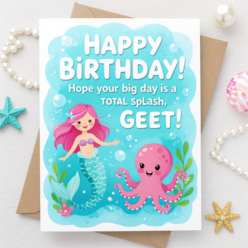 Whimsical sea card with octopus, mermaid, and bubbles for kids. 