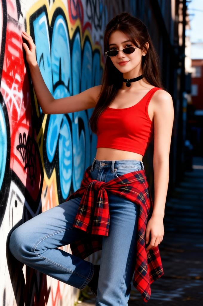 A woman in a 90s outfit posing against a graffiti wall with flash lighting.