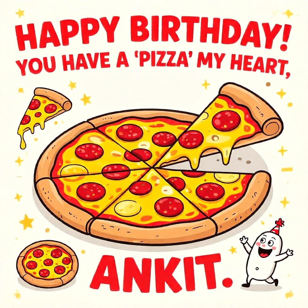 a humorous pizza-themed birthday card with a slice of pizza. 