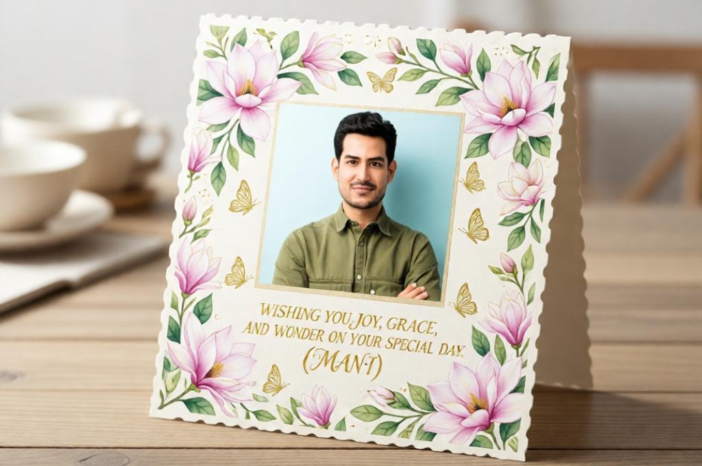 A birthday card with a floral design and an image of a boy. 