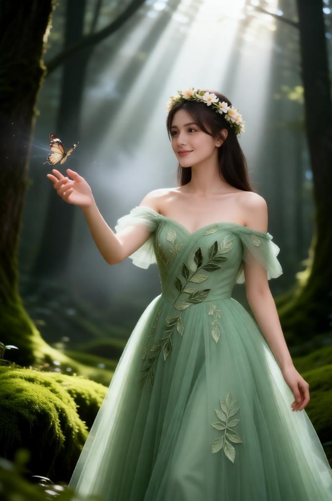 A woman in a green gown standing in a misty forest with light rays.