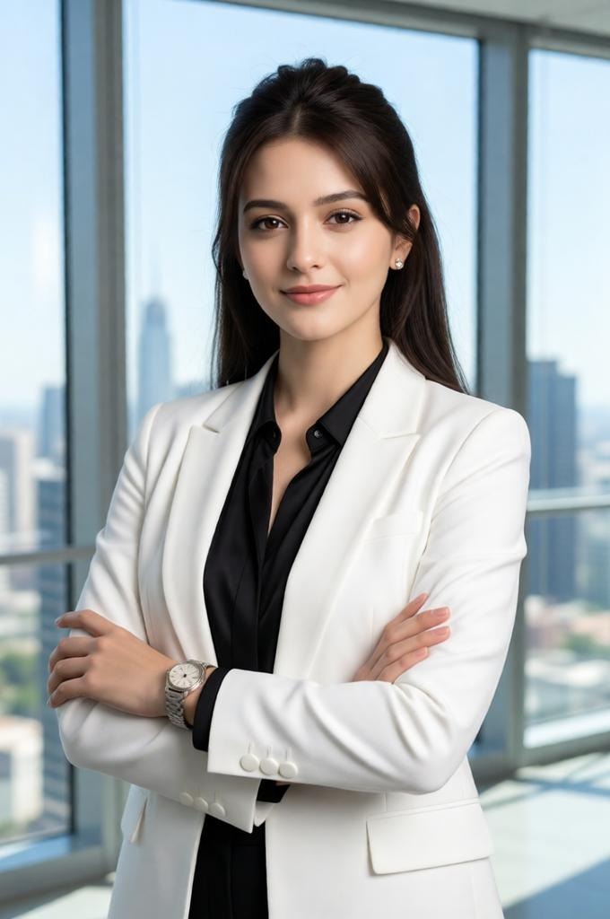 A woman in a blazer standing in a modern office with a city view.