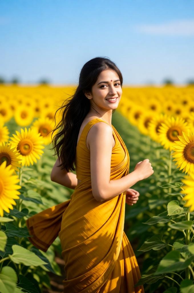 A woman in a yellow saree running through a sunflower field.