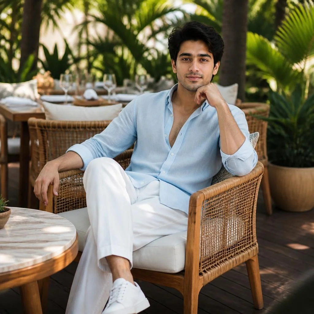 Outdoor Café — Light Blue Shirt