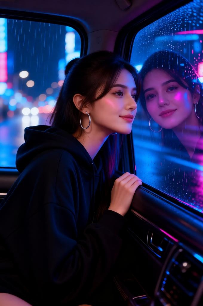A woman inside a car looking at the neon-lit rainy street at night.