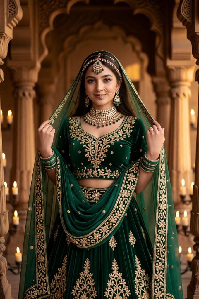 A woman in a lehenga standing in a palace arch holding a veil.