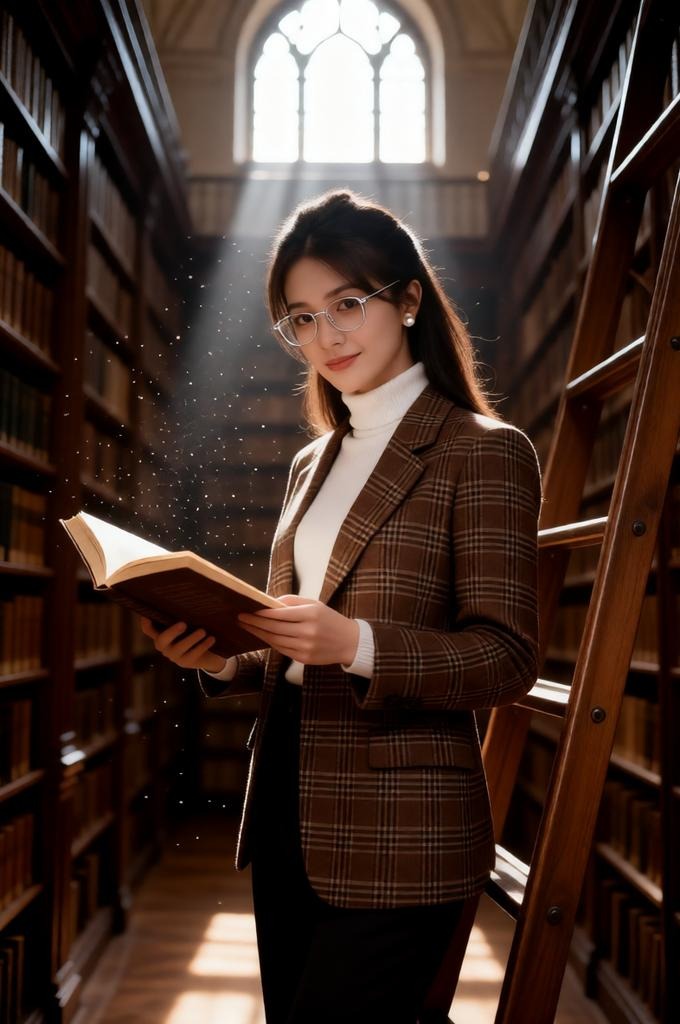 Woman on library ladder holding book with sunlight beams.